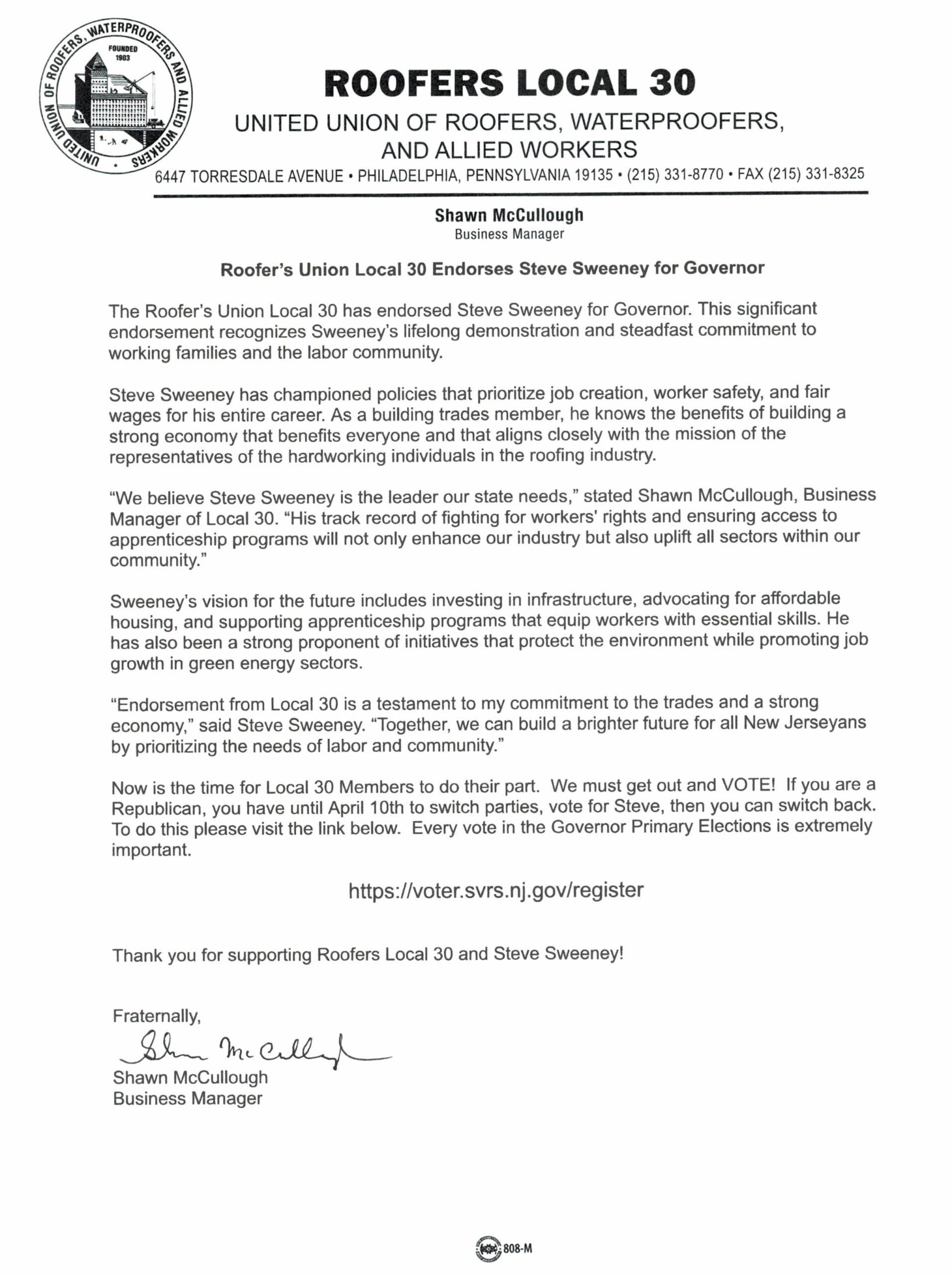 Roofer's Union Local 30 Endorses Steve Sweeney for Governor - Roofers ...